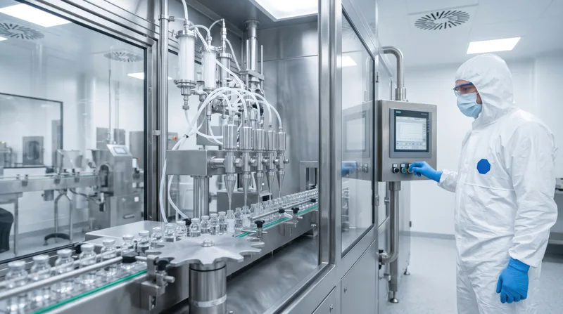 Cleanroom operator beside an enclosed sterile filling line